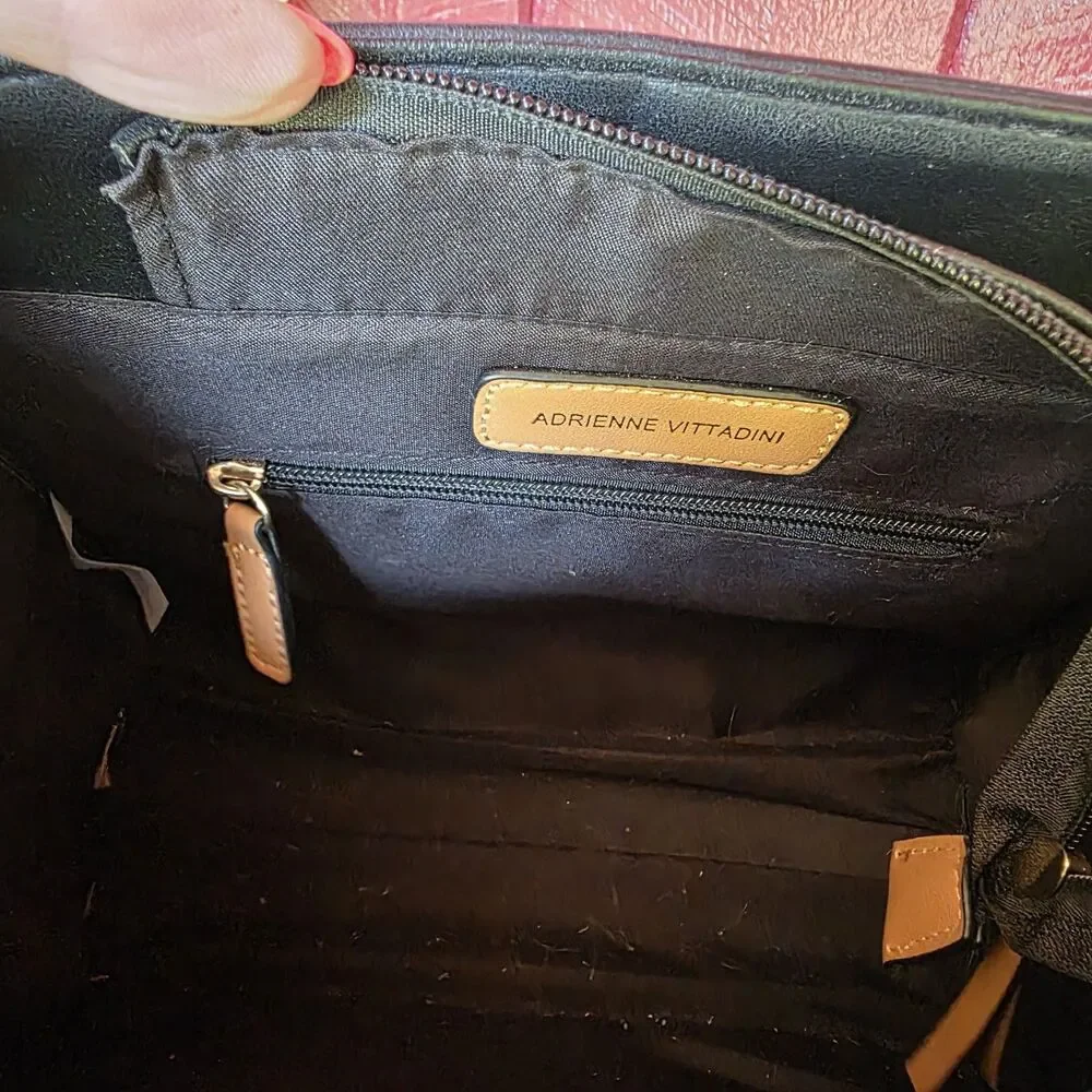 Adrienne Vittadini Black Tote Canvas Logo Straps w AV Charm Top Zip Closure EUC